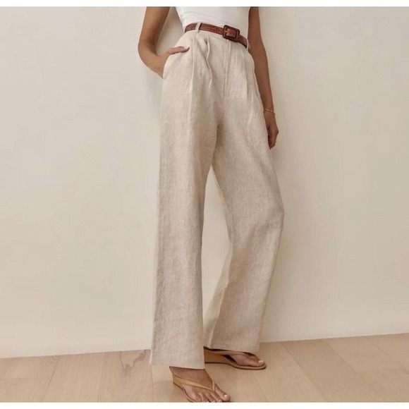 Reformation Pants - REFORMATION Oatmeal Vesta 100% Linen Pleated High Rise Pant Beachy Coastal Sz 2